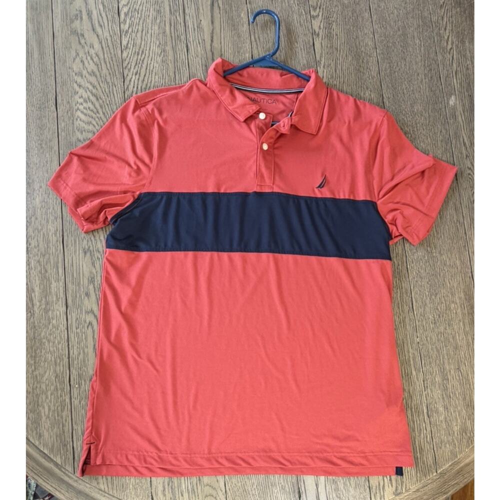 Nautica Polo Mens Size L Short Sleeve Shirt Cardinal Color Block Wicking